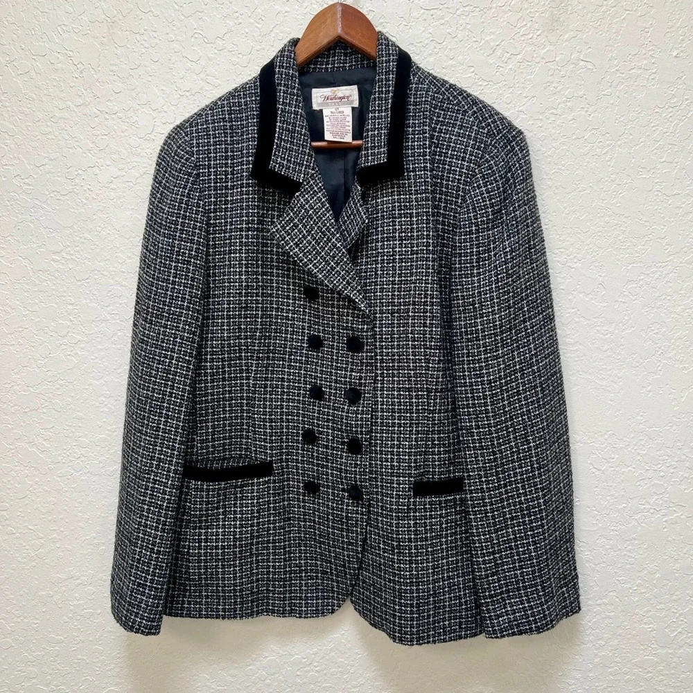 Worthington VTG Black White Tweed Blazer Velvet Collar Double Breasted Size 12T